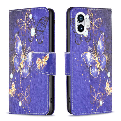 Purple leather wallet phone case with gold butterfly and spark dot pattern