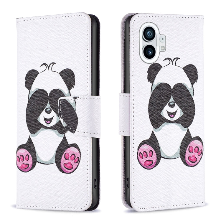 White leather wallet phone case with black-and-white panda faces and pink paw accents