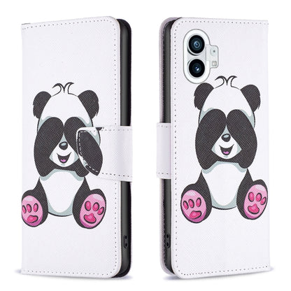 White leather wallet phone case with black-and-white panda faces and pink paw accents
