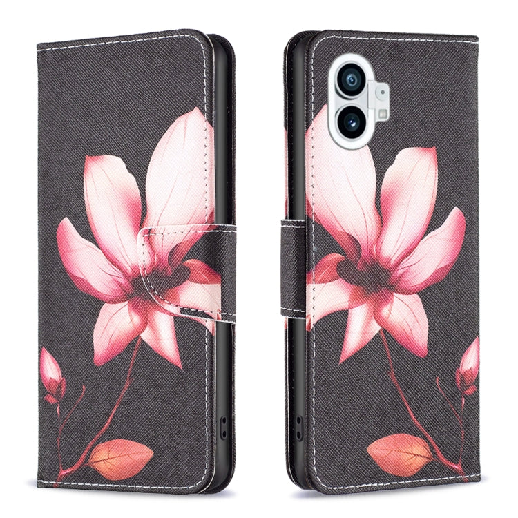 Flip-style leather phone case, dark gray with pink flower artwork