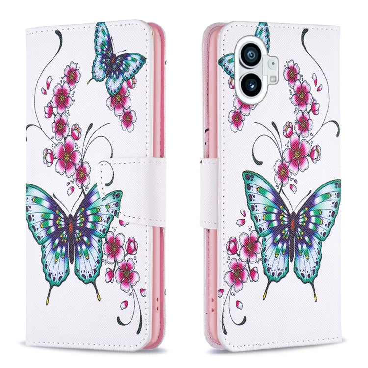 Flip-style leather phone case, white with colorful butterflies and floral accents