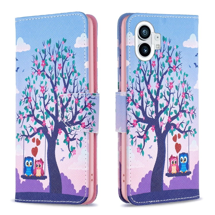 Flip-style leather phone case, light blue with pink tree and owl illustration