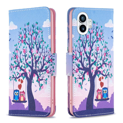 Flip-style leather phone case, light blue with pink tree and owl illustration