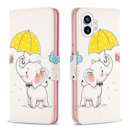 Flip-style leather phone case, white with cartoon elephant holding yellow umbrella