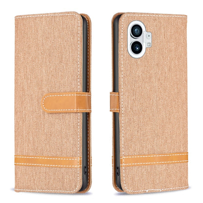 Brown woven fabric phone wallet case with tan flip strap and stitched edges