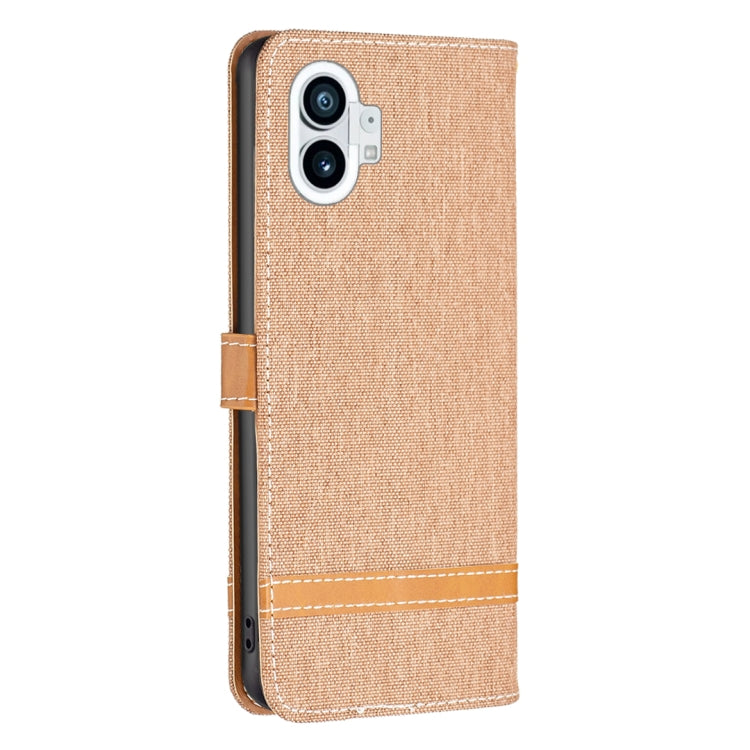 Brown woven fabric phone wallet case with tan card slot and stitched trim