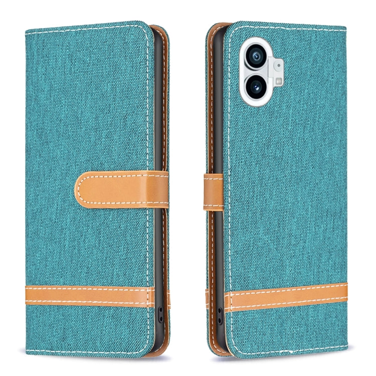 Teal woven fabric phone wallet case with tan flip strap and stitched edges
