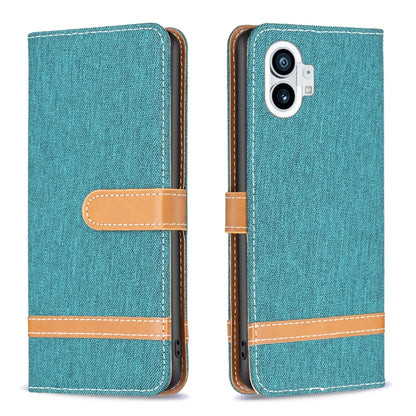 Teal woven fabric phone wallet case with tan flip strap and stitched edges