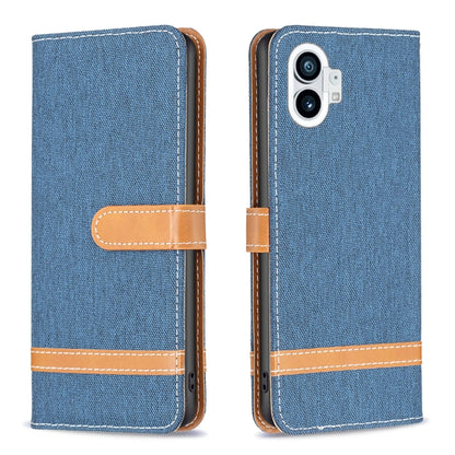 Dark blue woven fabric phone wallet case with tan flip strap and stitched trim