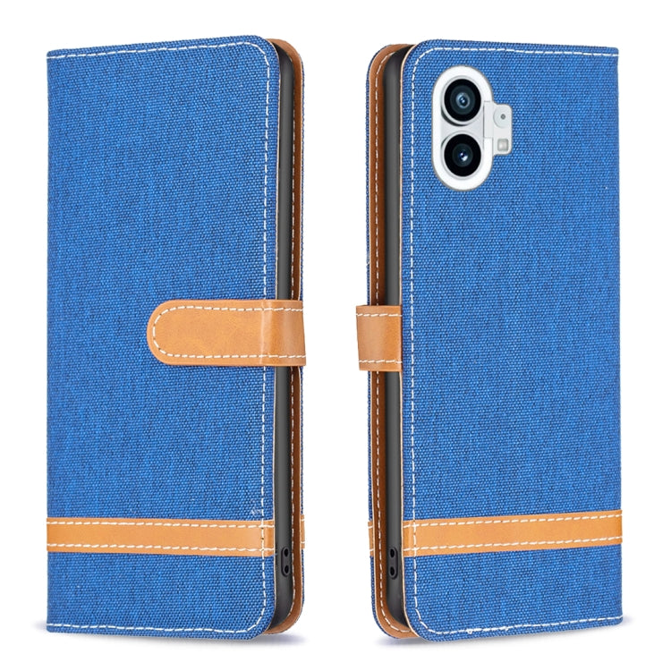 Royal blue woven fabric phone wallet case with tan flip strap and stitched trim