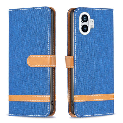 Royal blue woven fabric phone wallet case with tan flip strap and stitched trim