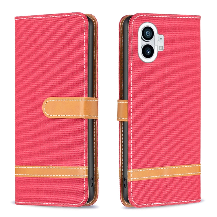 Red woven fabric phone wallet case with tan flip strap and stitched edges