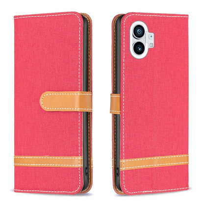 Red woven fabric phone wallet case with tan flip strap and stitched edges