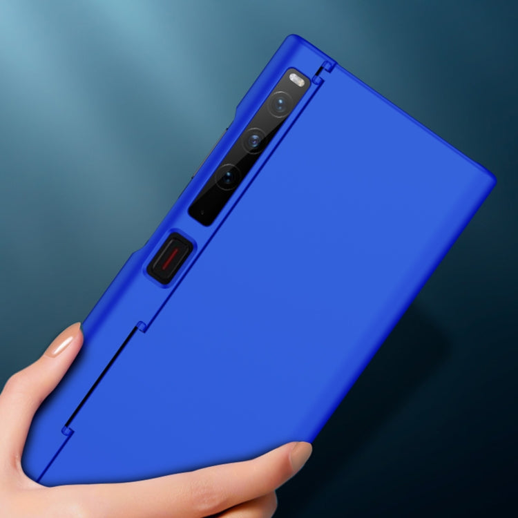 Blue all-inclusive phone case with camera cutouts and side button openings