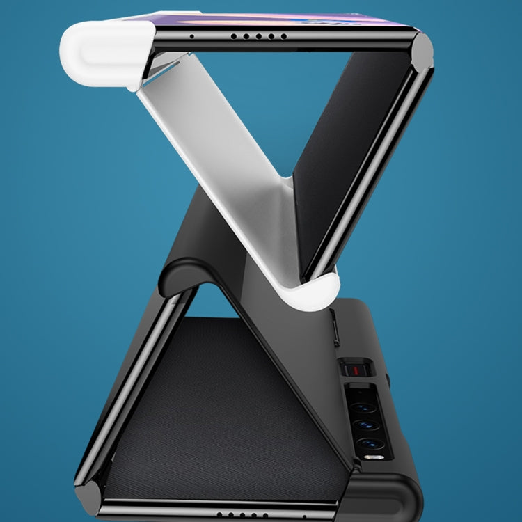 Phone case with raised screen edge and hinge protection, shown open at corners