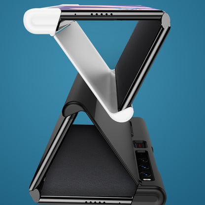 Phone case with raised screen edge and hinge protection, shown open at corners