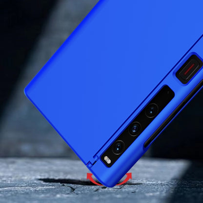 Blue phone case with camera and fingerprint cutouts, slim protective shell
