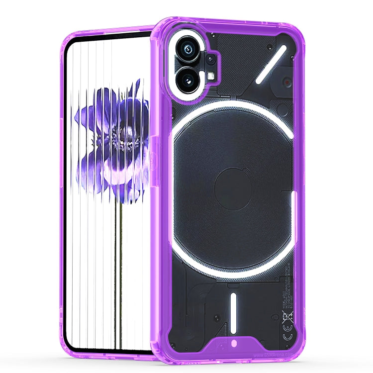Clear acrylic phone case with purple edges and camera cutouts for a dual-camera phone
