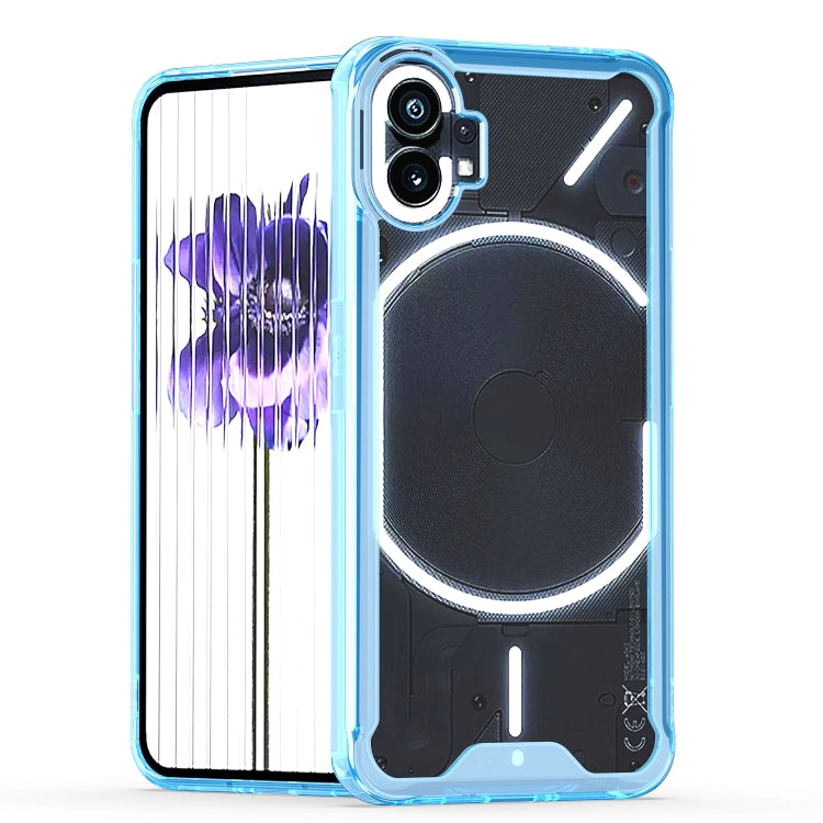 Clear acrylic phone case with blue edges and camera cutouts for a dual-camera phone