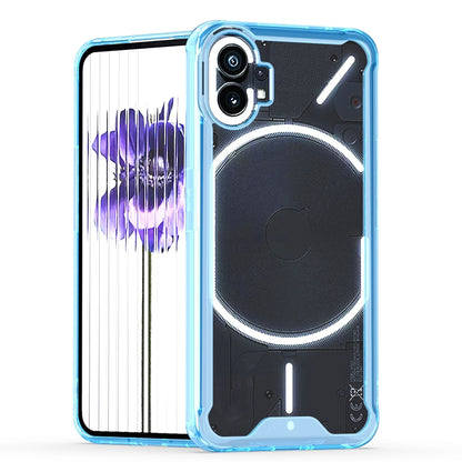 Clear acrylic phone case with blue edges and camera cutouts for a dual-camera phone