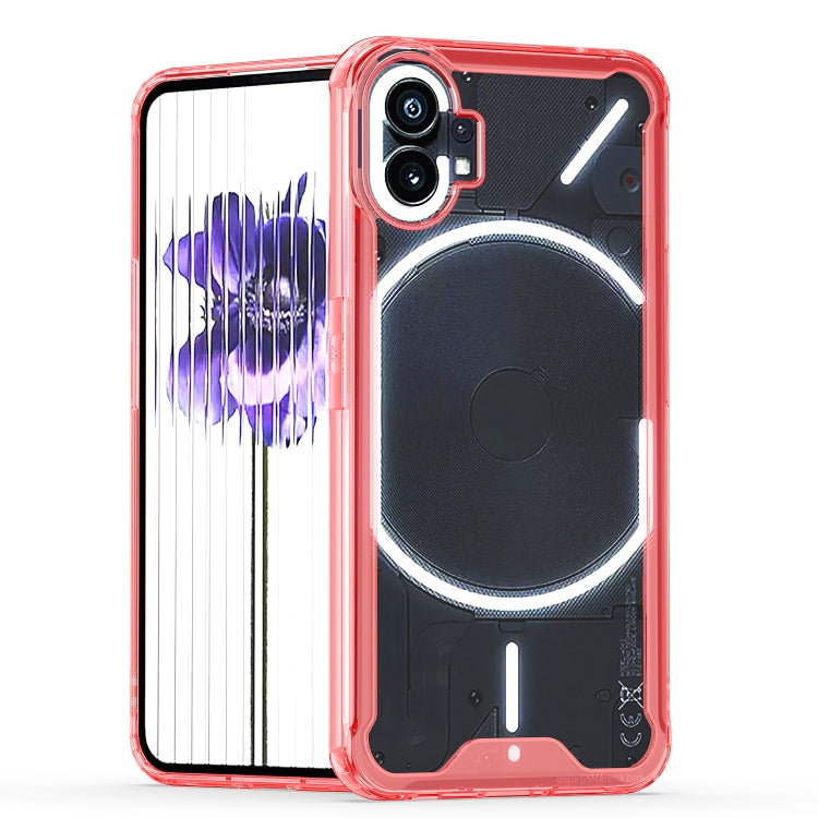 Clear acrylic phone case with red edges and camera cutouts for a dual-camera phone