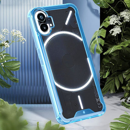 Blue clear protective phone case with raised corners and dual-camera cutout