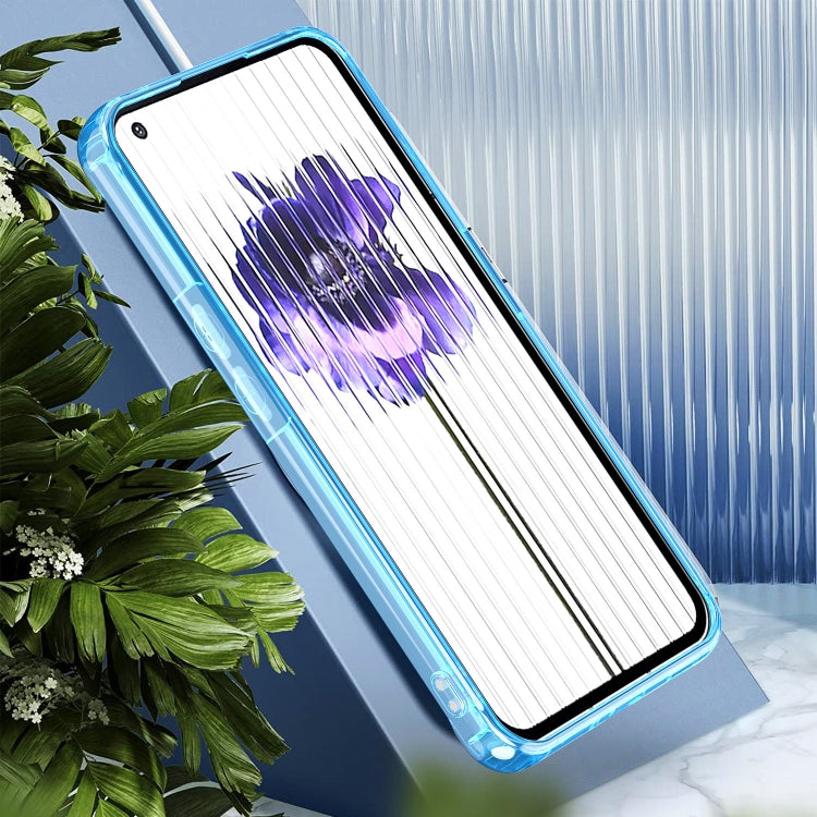 Blue clear phone case with glossy edges and screen-facing cutout