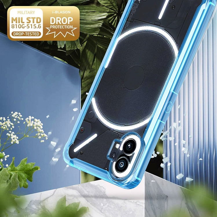 Blue clear protective phone case with dual-camera cutouts and circular magnet design