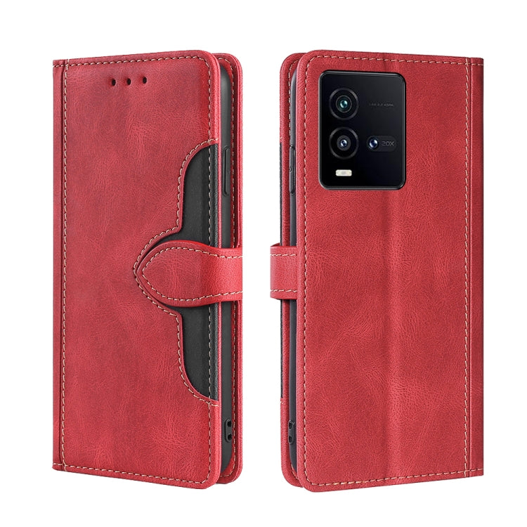Red magnetic buckle leather folio phone case with stitched flip cover