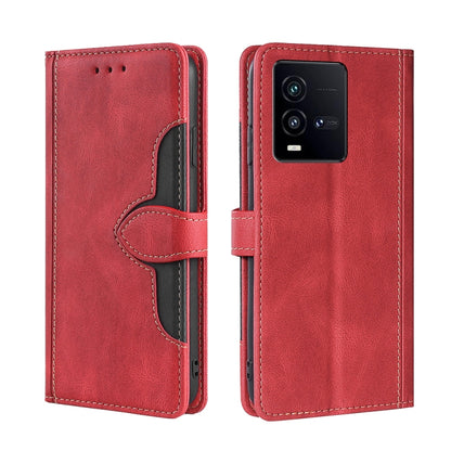 Red magnetic buckle leather folio phone case with stitched flip cover