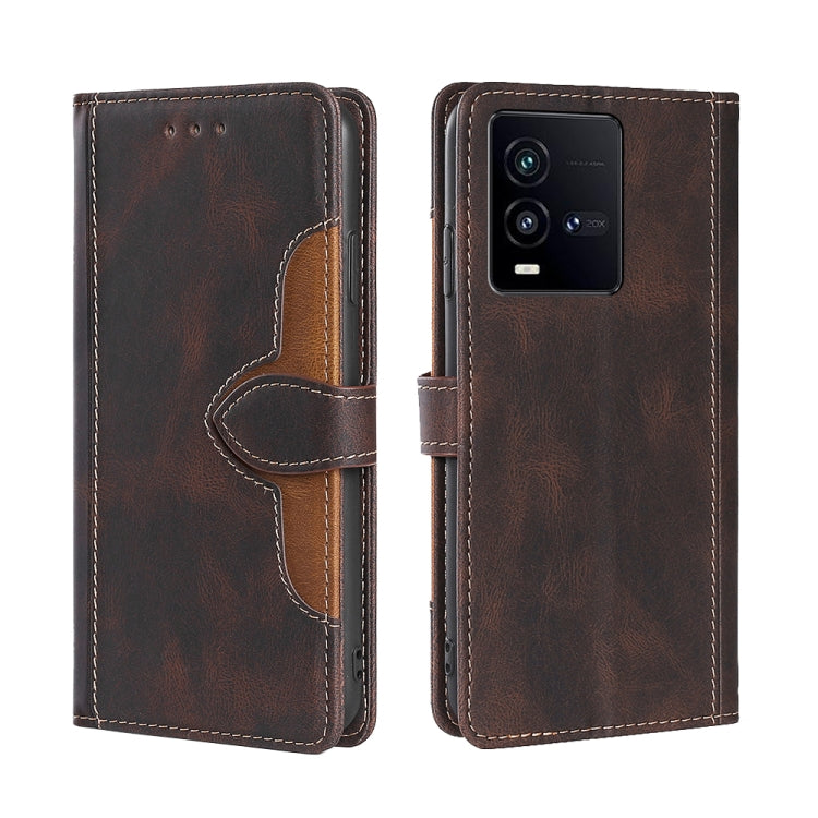 Brown magnetic buckle leather folio phone case with stitched flip cover