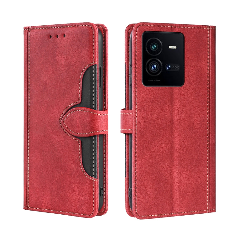 Red magnetic buckle leather folio phone case, front and back view