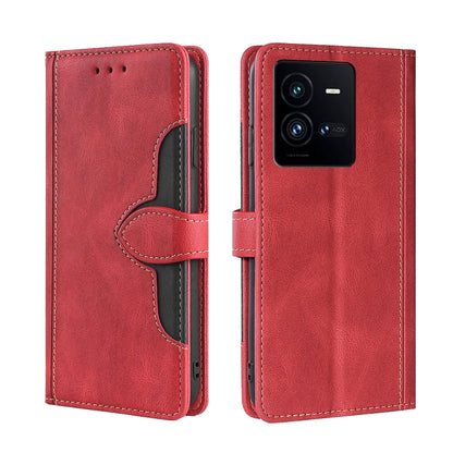 Red magnetic buckle leather folio phone case, front and back view