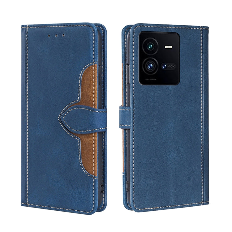 Blue leather-style phone case with magnetic buckle strap, card slot, and stitched pattern.