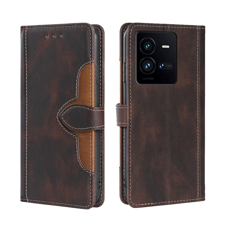 Brown leather-style phone case with magnetic buckle strap, card slot, and stitched edges.