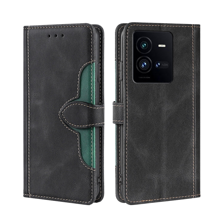 Black leather-style phone case with green accent, magnetic buckle strap, and stitched trim.