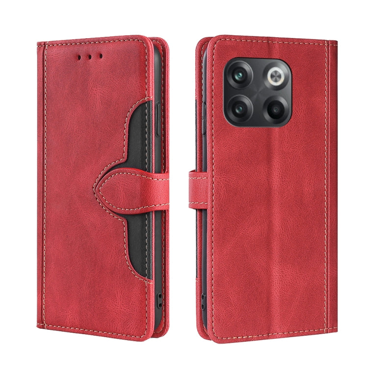 Red leather-style phone case with magnetic buckle strap, card slot, and visible camera cutout.