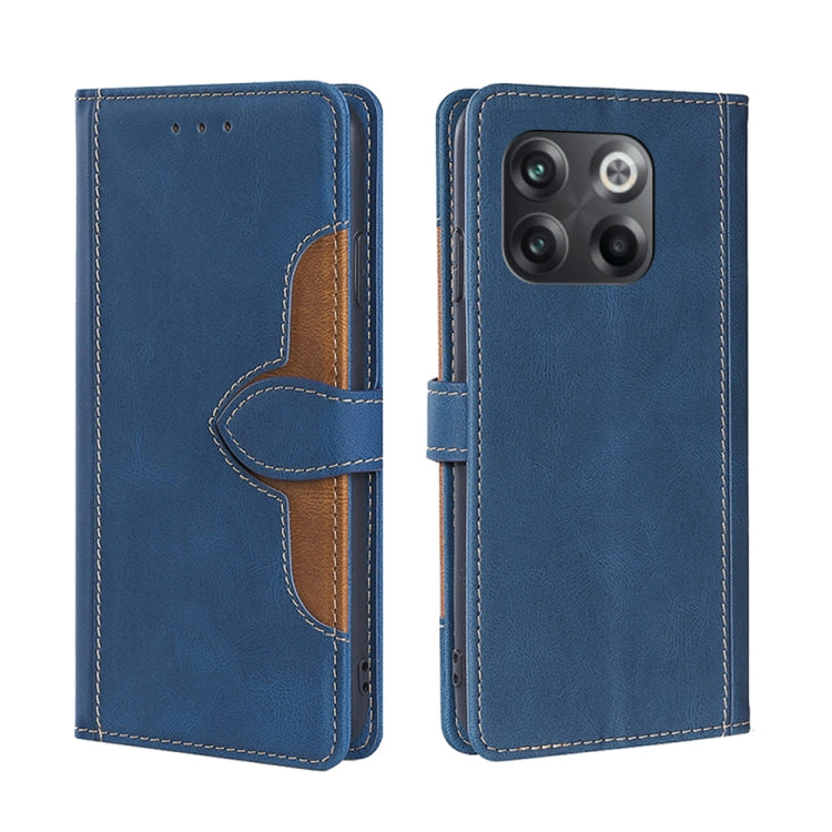 Blue leather-style flip phone case with magnetic buckle and camera opening, stitched edges.