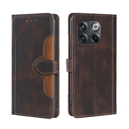Brown leather-style flip phone case with magnetic buckle and camera opening, stitched trim.