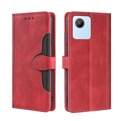 Red leather-style flip phone case with magnetic buckle strap and camera opening.