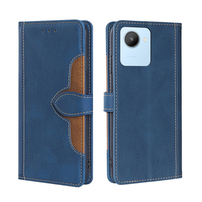 Blue leather-style flip phone case with magnetic buckle and side camera opening, stitched.