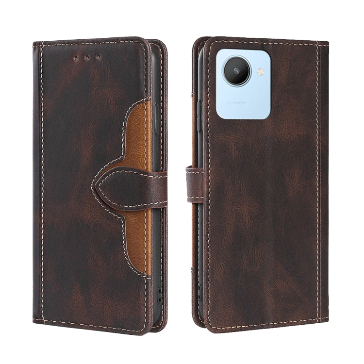 Brown leather-style flip phone case with magnetic buckle strap and camera opening, stitched.