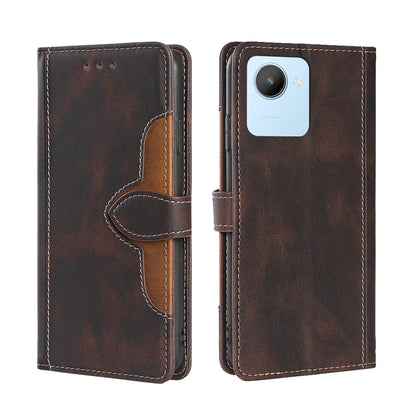 Brown leather-style flip phone case with magnetic buckle strap and camera opening, stitched.