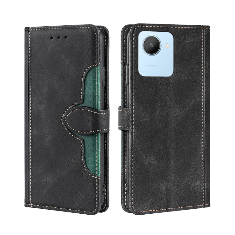 Black leather phone case with green-trim magnetic buckle and card-slot cutouts