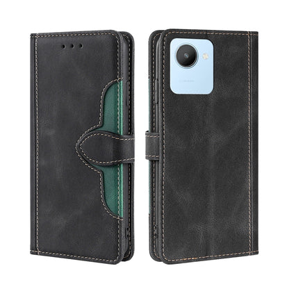 Black leather phone case with green-trim magnetic buckle and card-slot cutouts