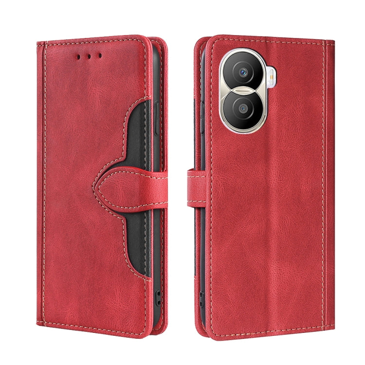 Red leather phone case with magnetic buckle strap, black interior, dual-camera cutout