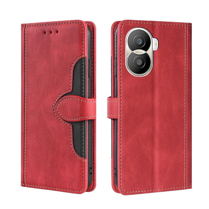 Red leather phone case with magnetic buckle strap, black interior, dual-camera cutout