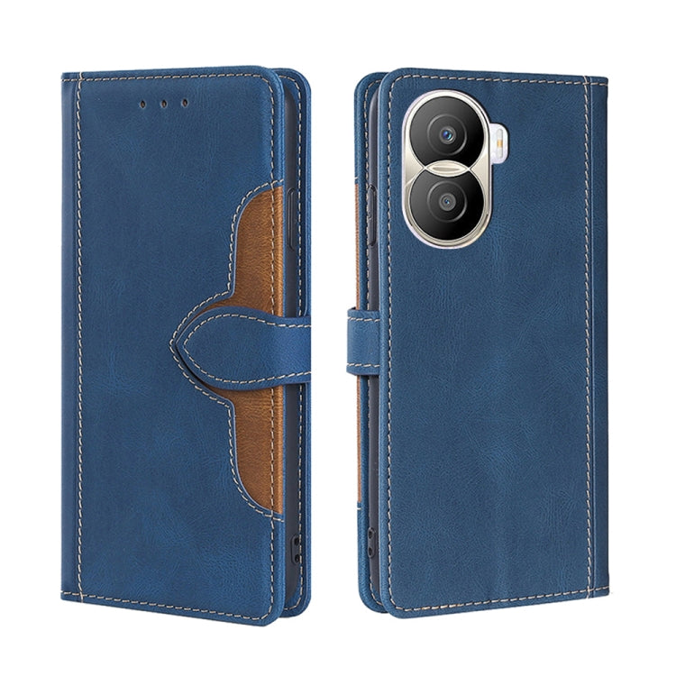 Blue leather phone case with brown interior panel and magnetic buckle strap