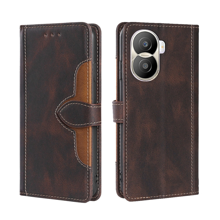 Brown leather phone case with dark interior panel and magnetic buckle strap