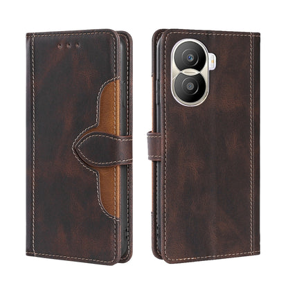 Brown leather phone case with dark interior panel and magnetic buckle strap